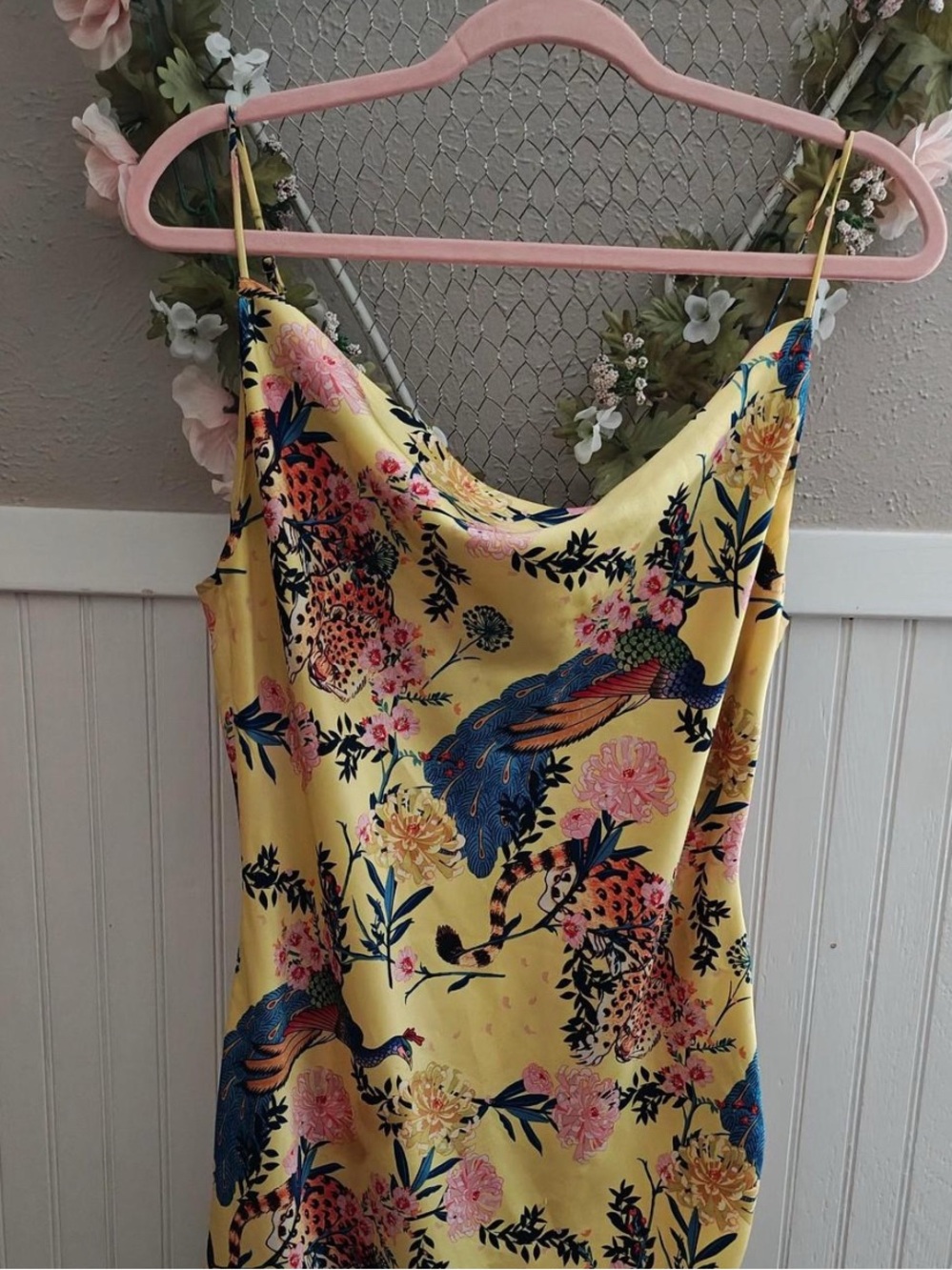 Forever 21 Yellow Floral & Peacock Satin Slip Dress